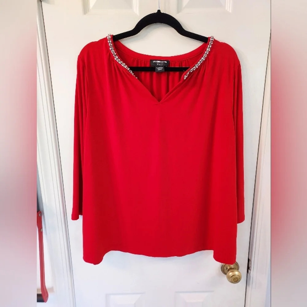 Liz Clairborne Career Woman Red Pullover Rhinestones V-Neck Blouse in Size 1X